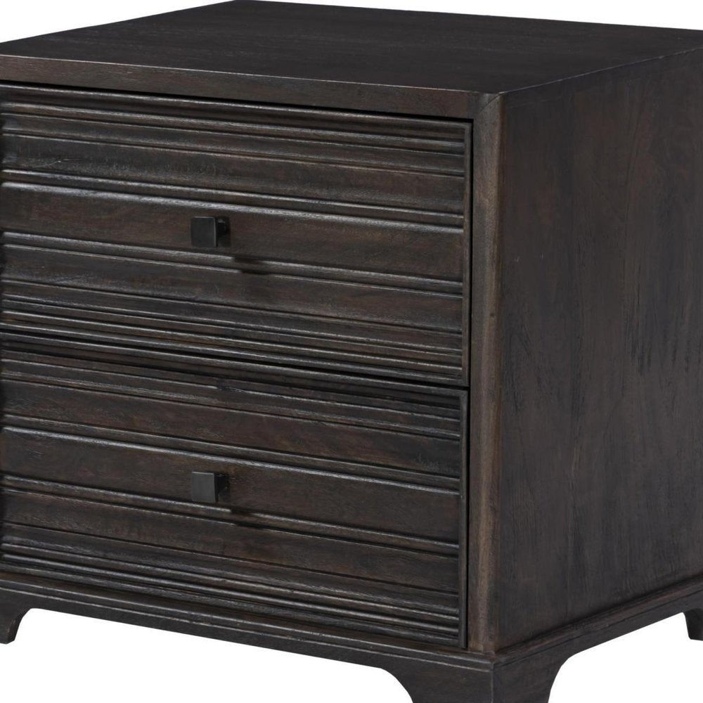 24" Umber Solid Wood Distressed Carved Geometric Two Drawer Nightstand