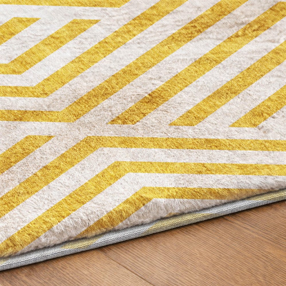 9' X 12' Yellow And Ivory Geometric Shag Washable Area Rug With UV Protection