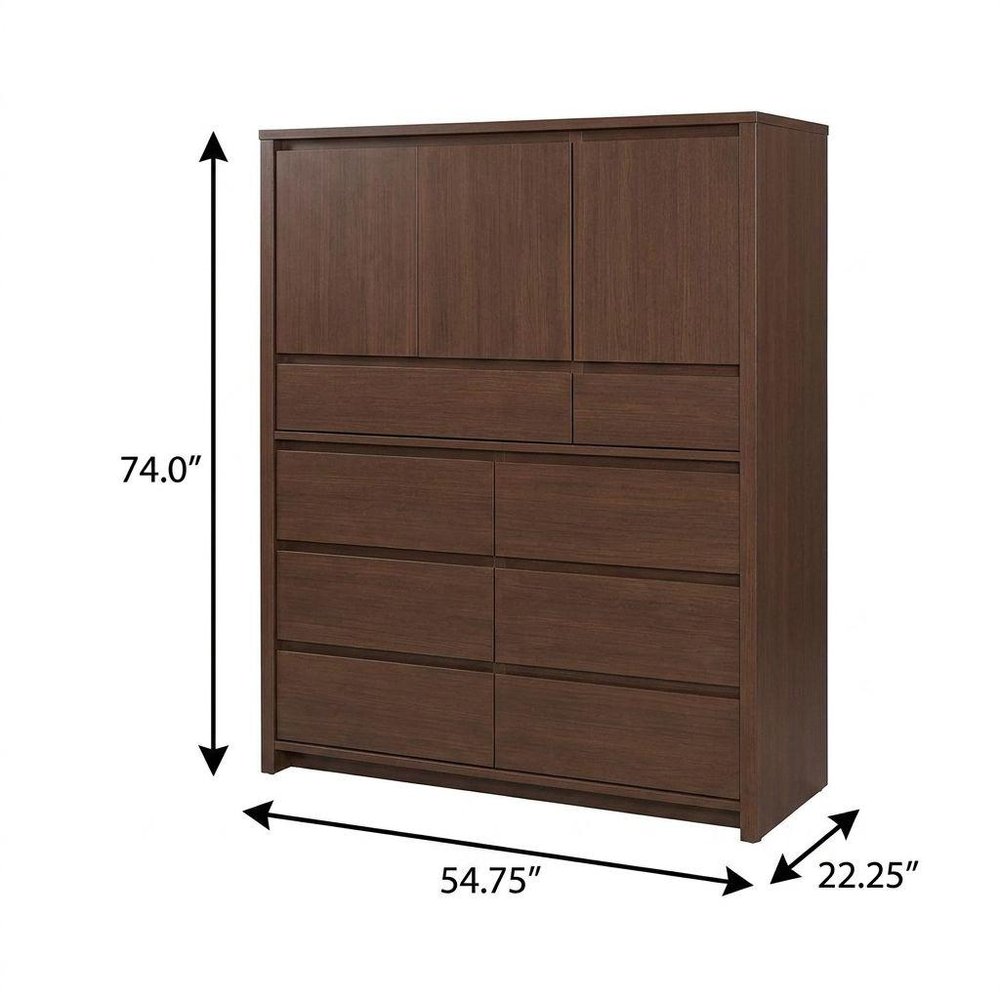 74" Coffee Solid Wood Mirrored Three Door Combo Dresser