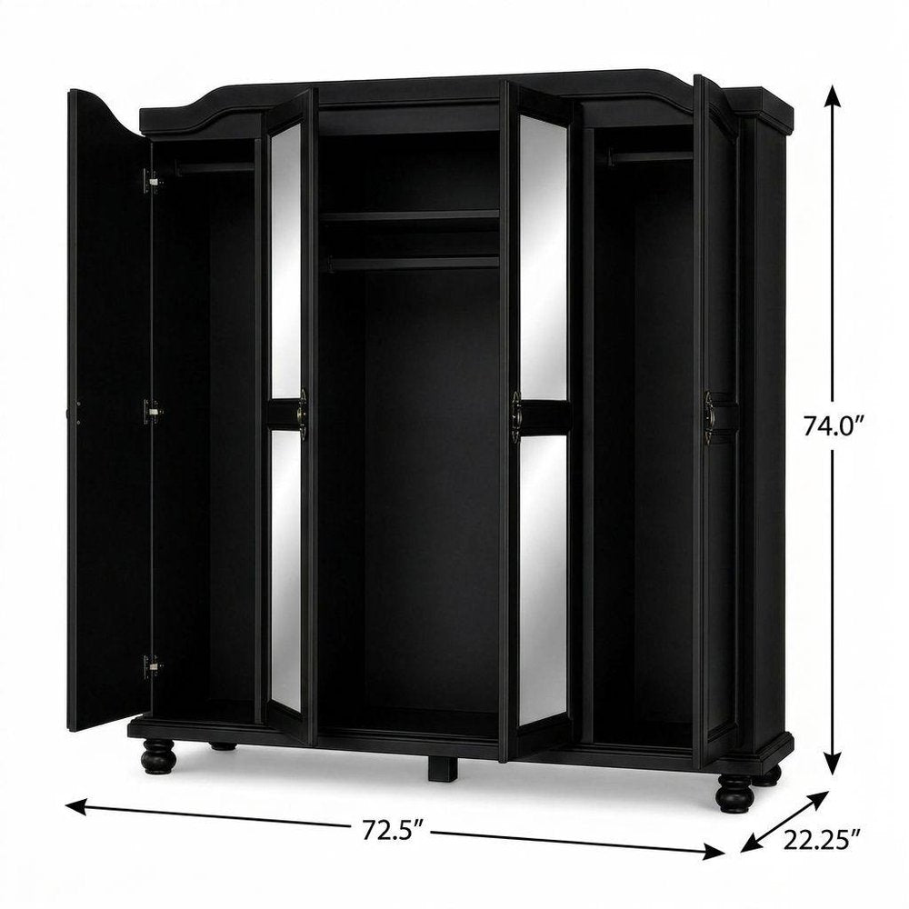 74" White Solid Wood Mirrored Four Door Combo Dresser