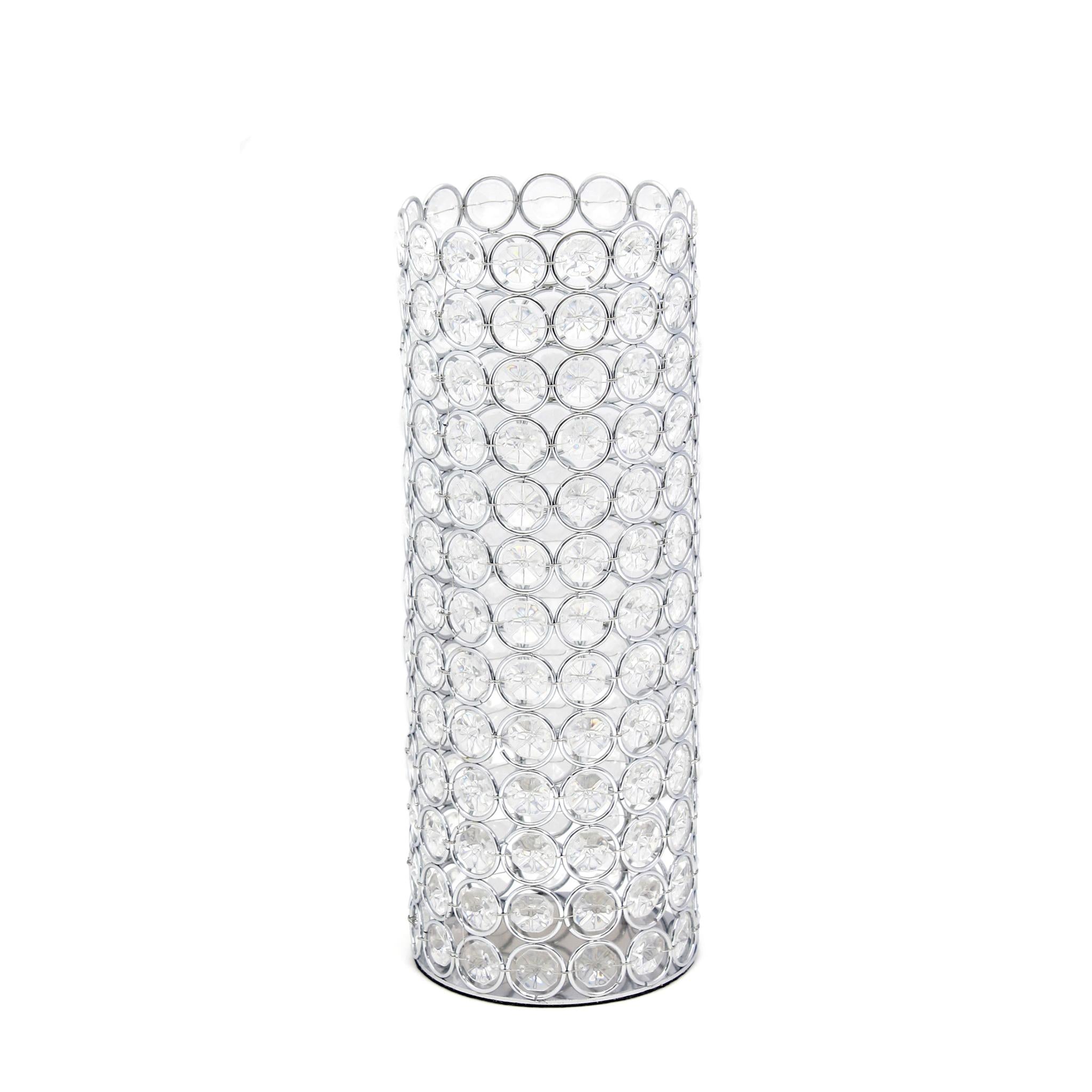 11" Clear And Silver Crystal And Metal Cylinder Table Vase With Faux Crystals
