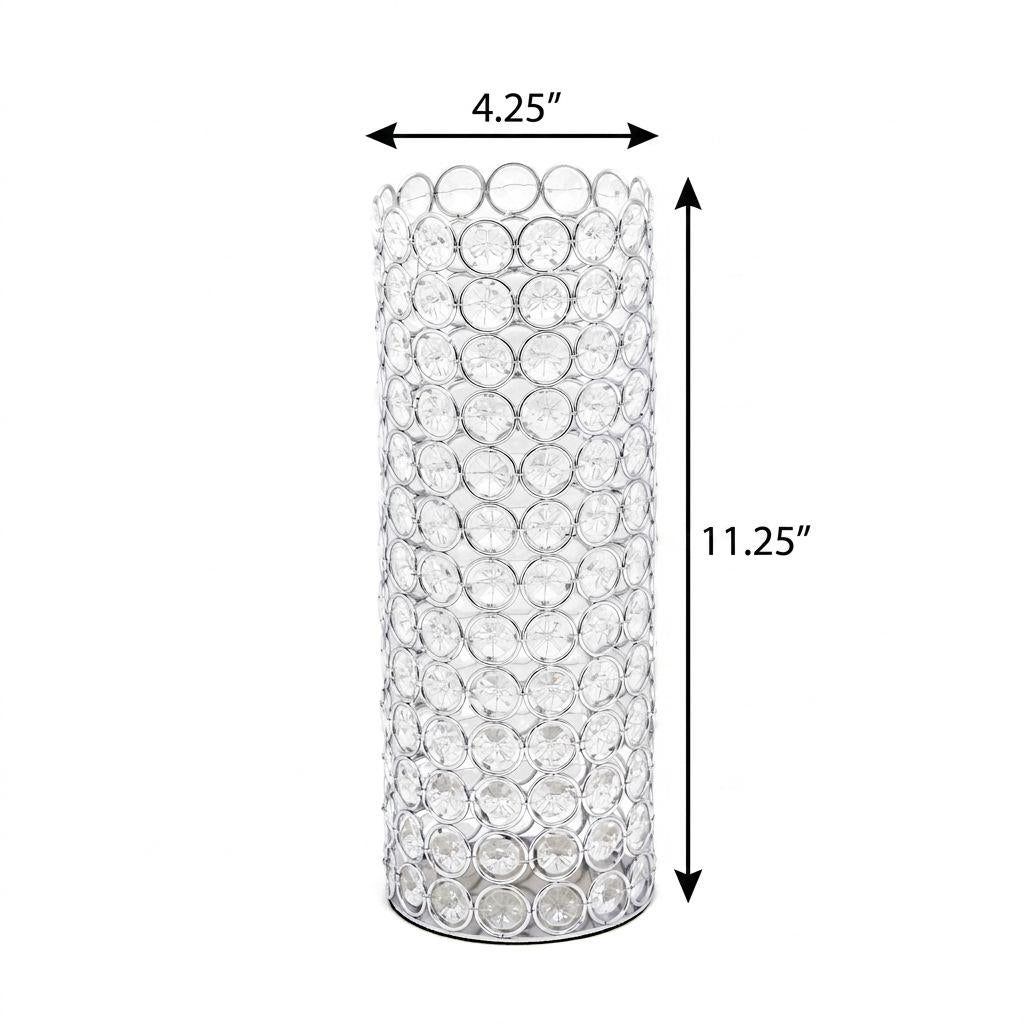 11" Clear And Silver Crystal And Metal Cylinder Table Vase With Faux Crystals