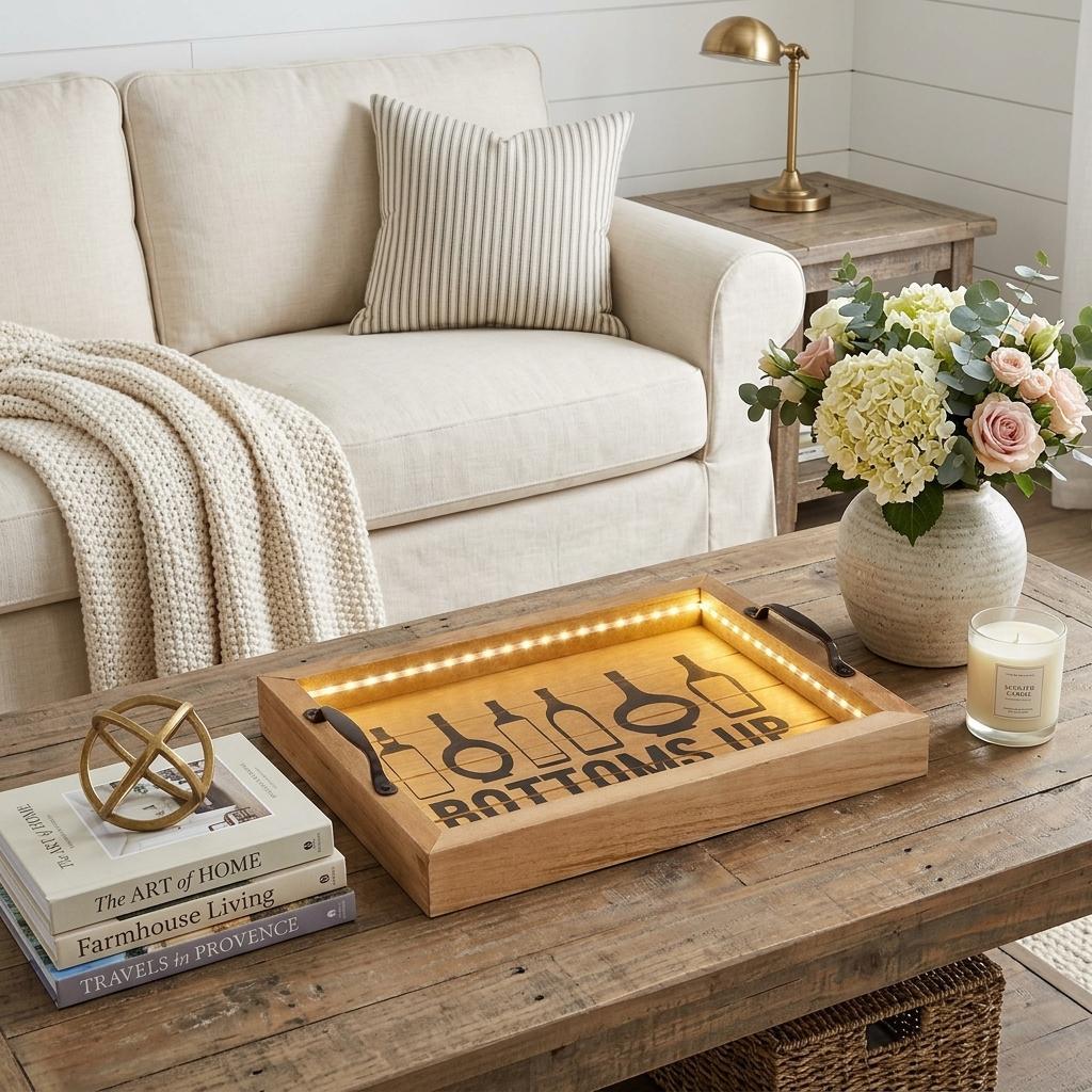 16" Natural And Black Wood Bottoms Up Wine Serving Tray With Handles And LED Lights