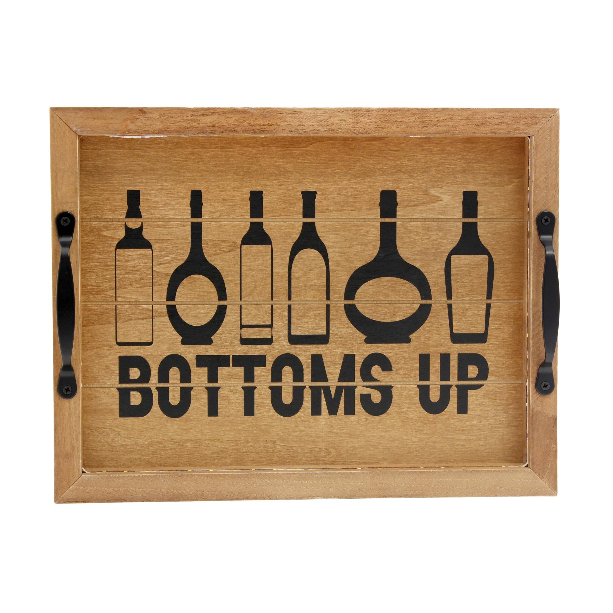 16" Natural And Black Wood Bottoms Up Wine Serving Tray With Handles And LED Lights