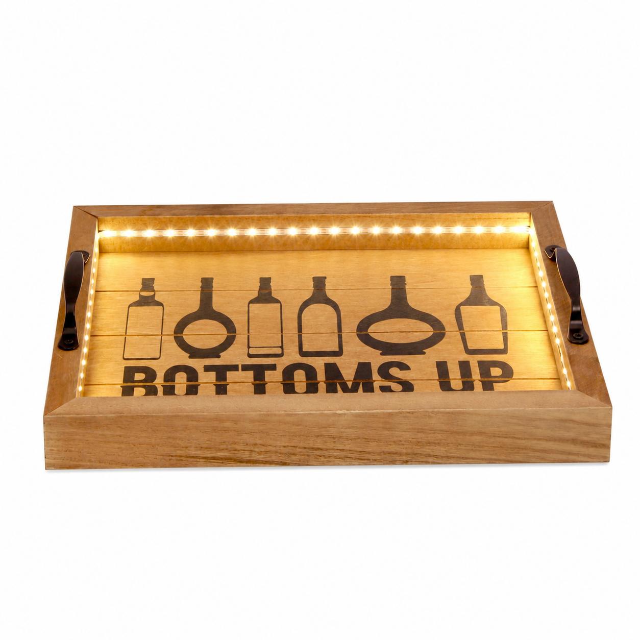 16" Natural And Black Wood Bottoms Up Wine Serving Tray With Handles And LED Lights