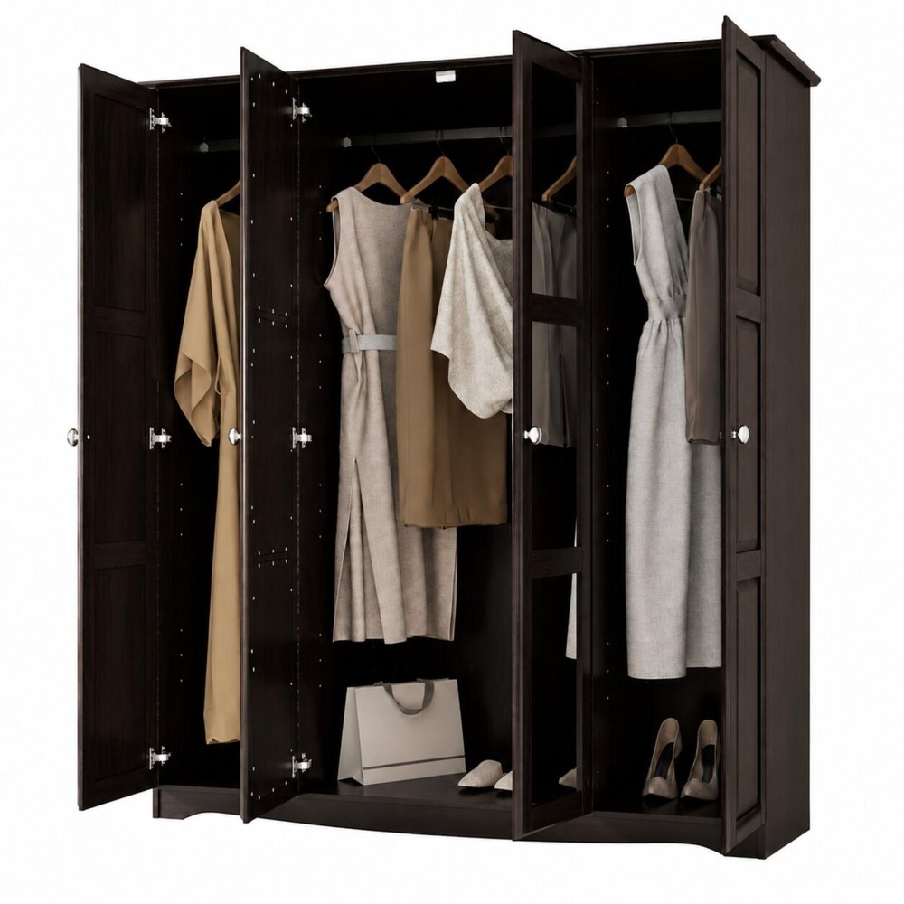 72" Dark Brown Solid Wood Mirrored Four Door Combo Dresser