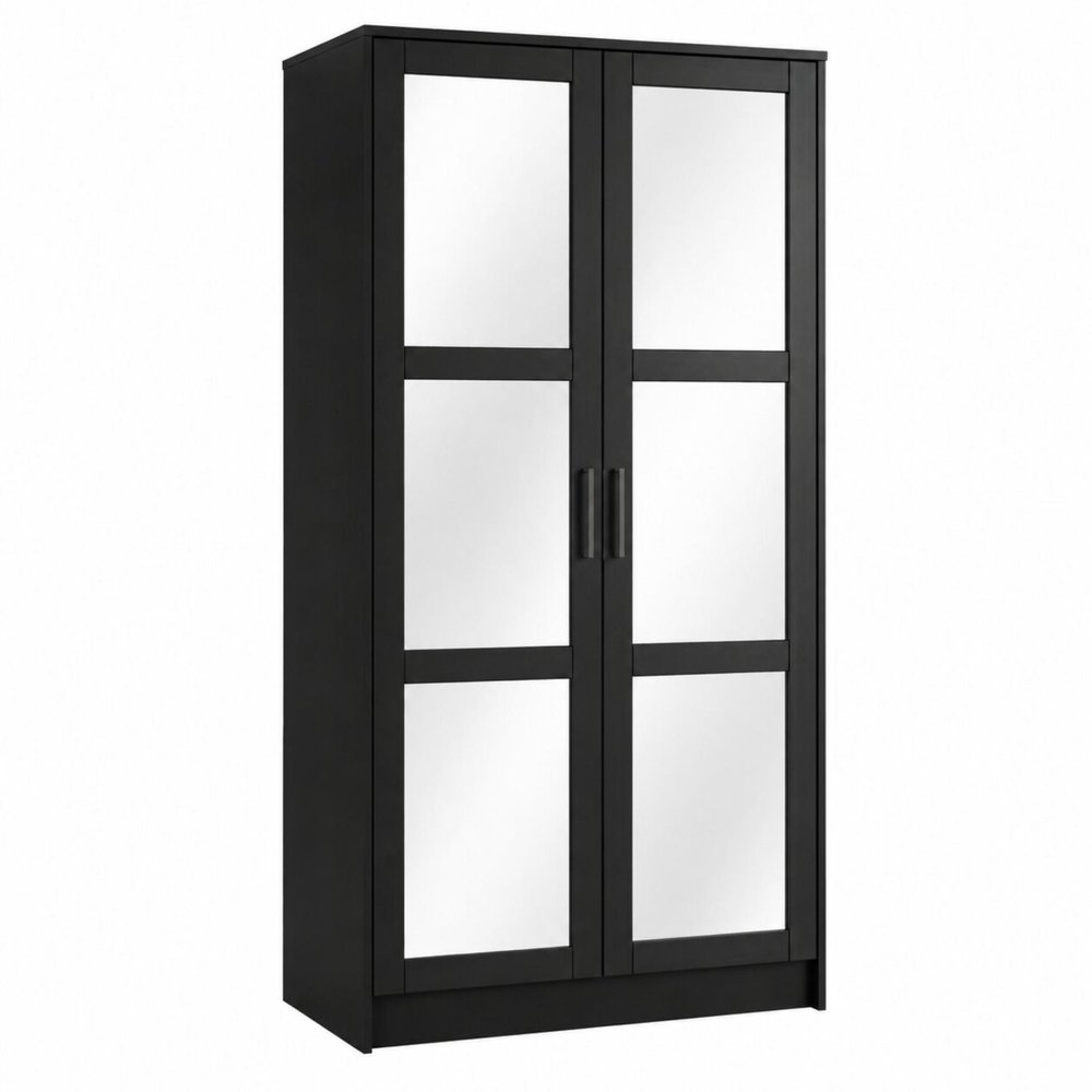 72" Black Solid Wood Mirrored Two Door Combo Dresser