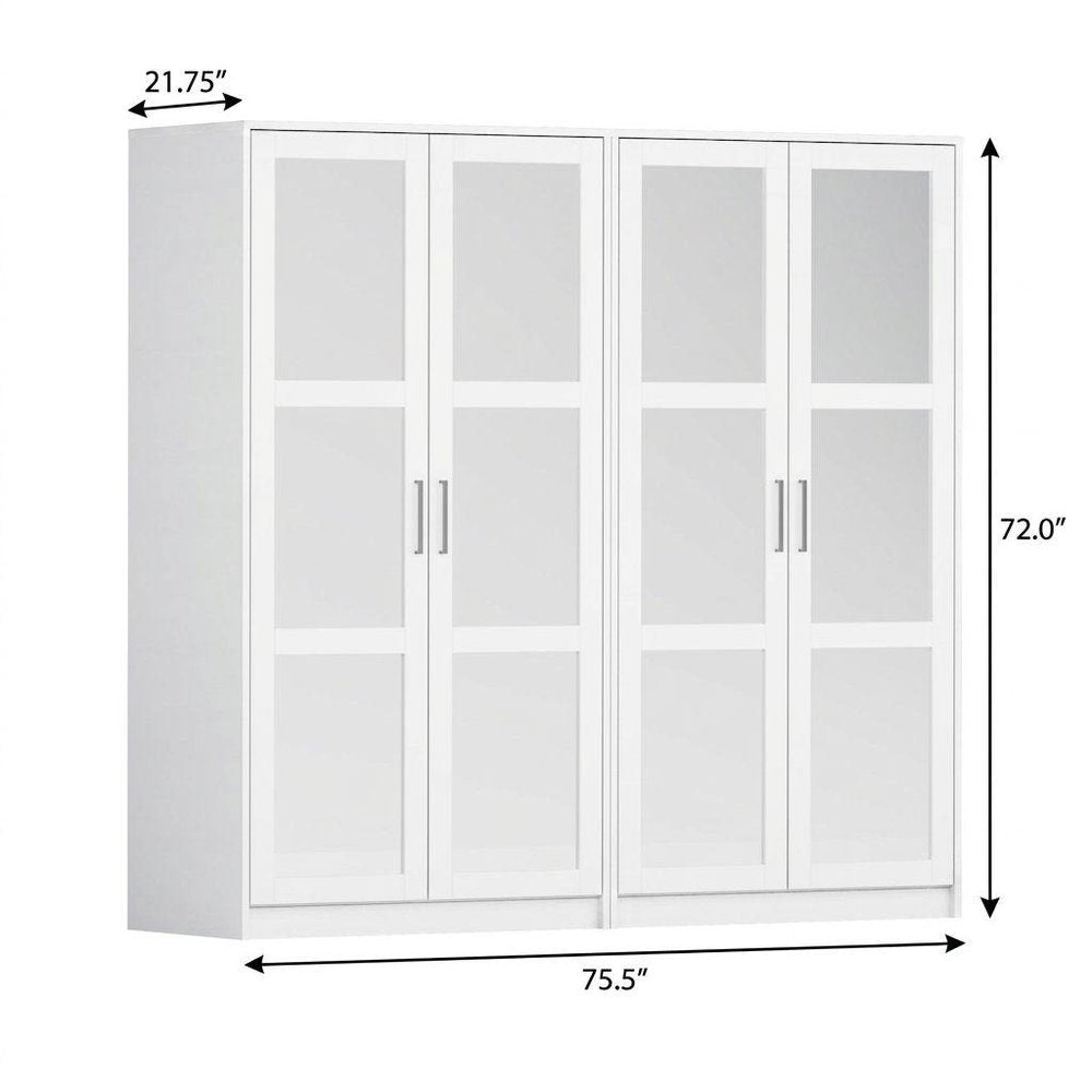 72" White Solid Wood Mirrored Four Door Combo Dresser
