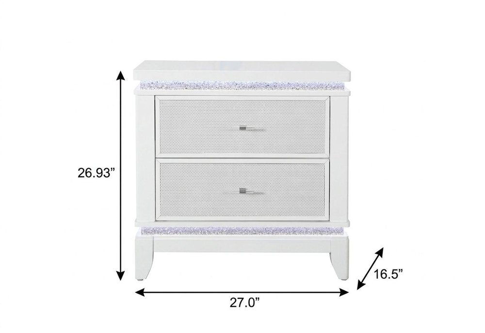 27" White And Silver Wood Two Drawer Nightstand