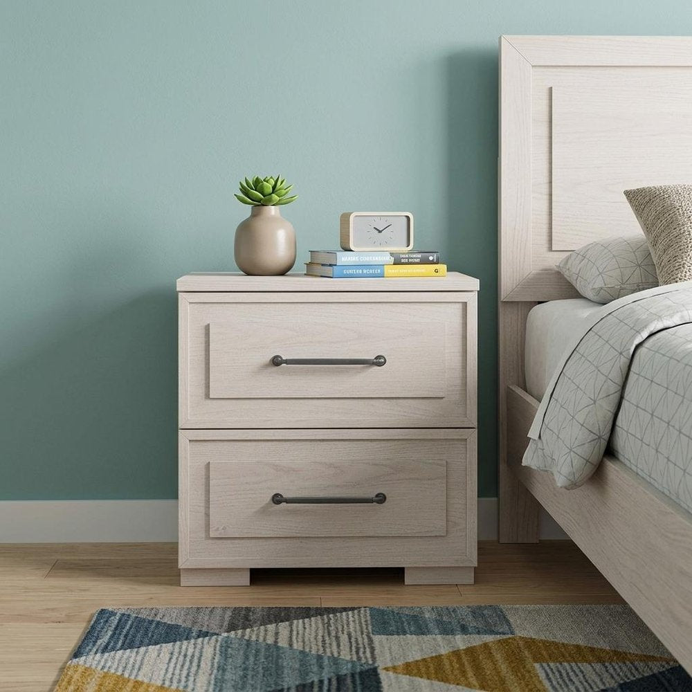 26" Beige Wood Two Drawer Nightstand