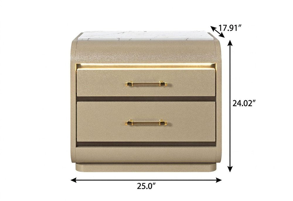 24" Gold Wood Lighted Two Drawer Nightstand