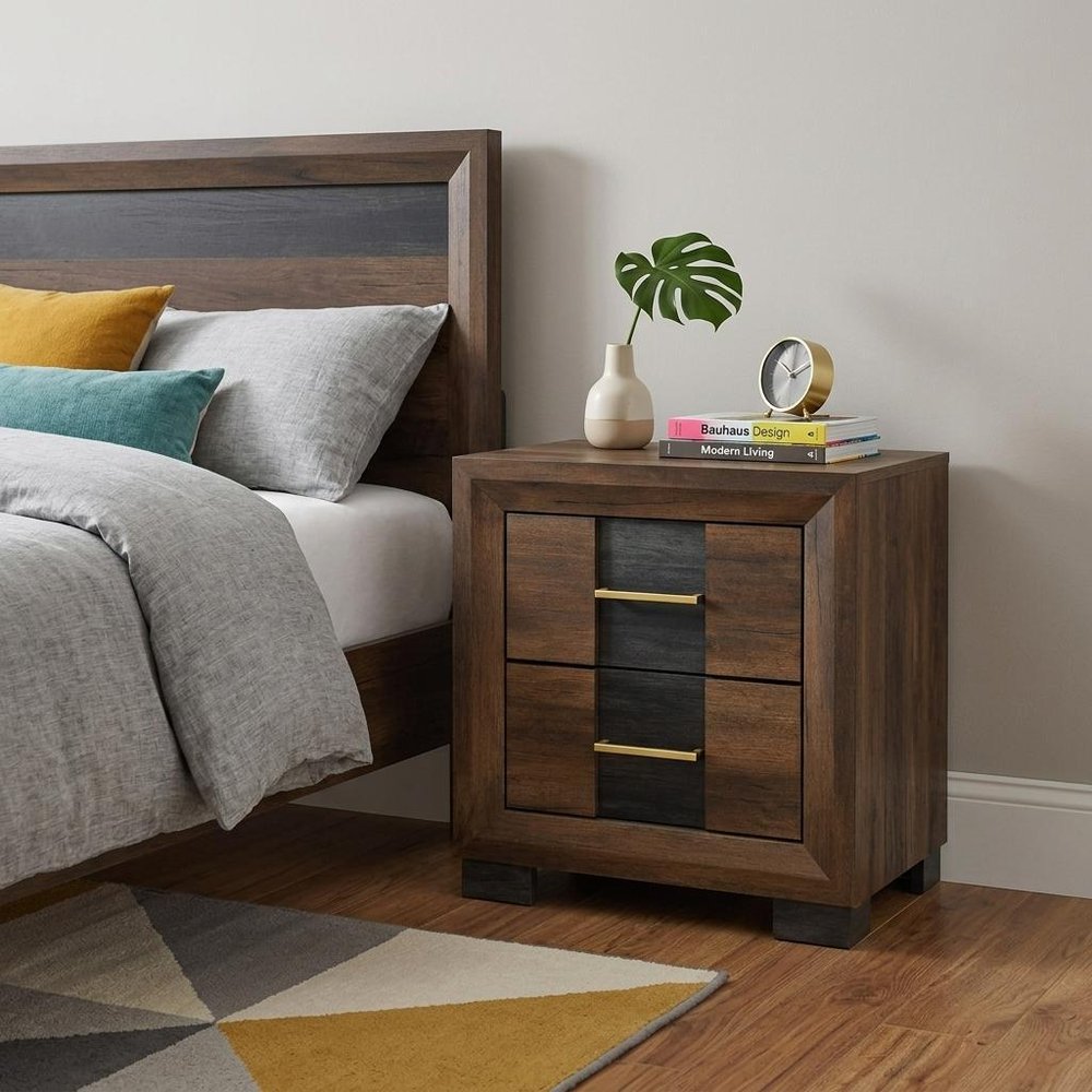 22" Black And Brown Wood Two Drawer Nightstand