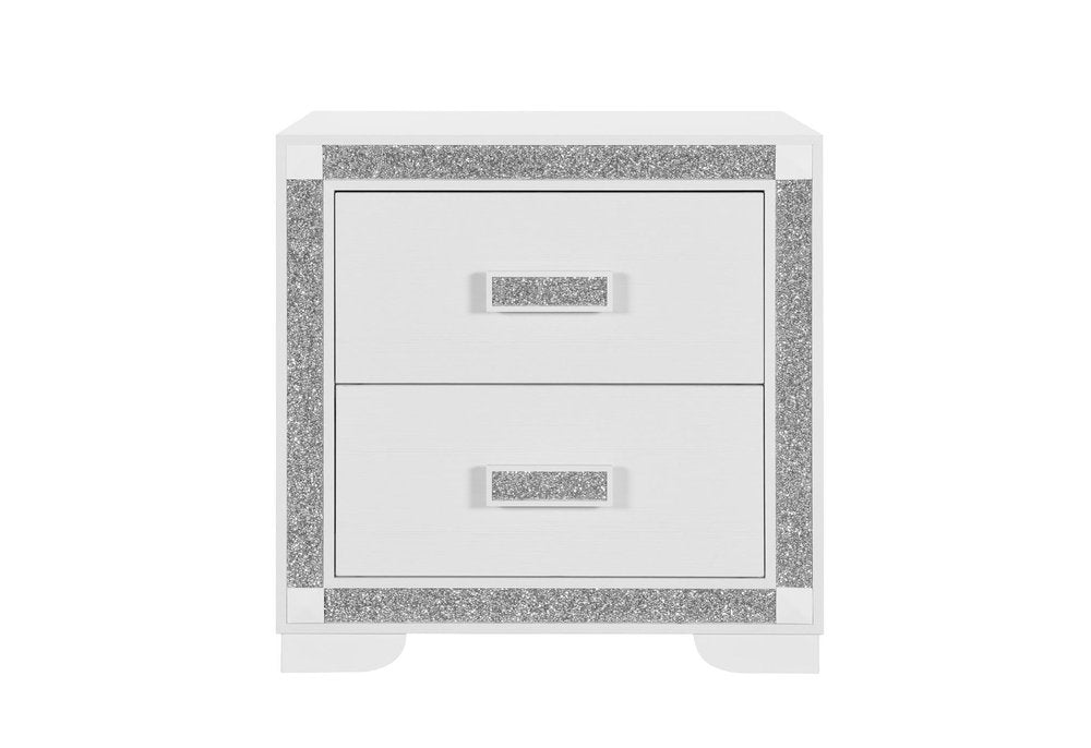 26" White Wood Faux Crystal Bling Two Drawer Nightstand