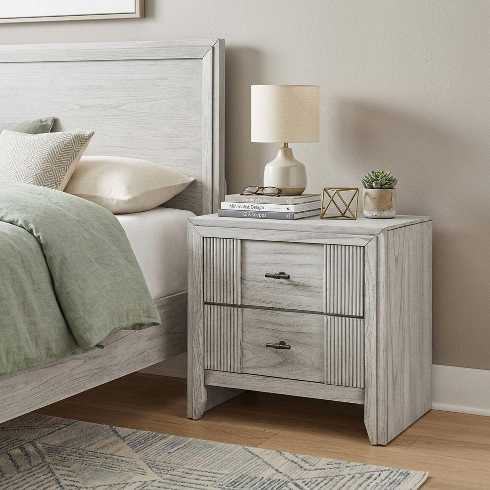 24" Light Gray Wood Ribbed Texture Two Drawer Nightstand