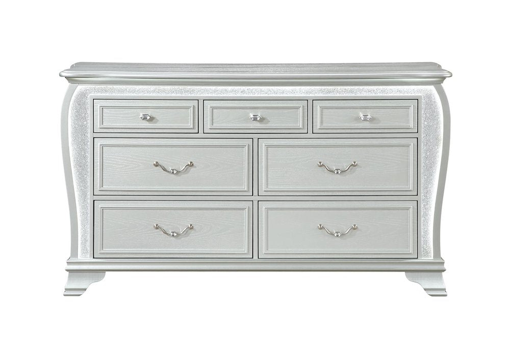 66" Silver Wood Lighted Six Drawer Double Dresser