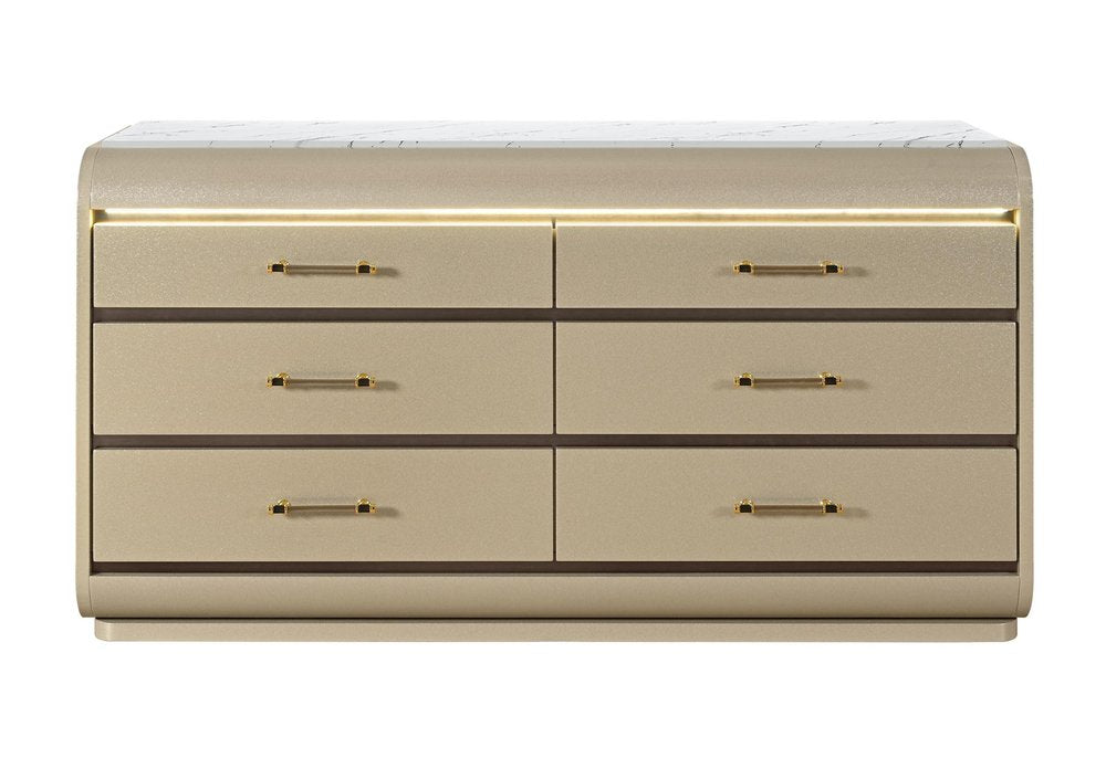 61" Gold Wood Lighted Six Drawer Double Dresser