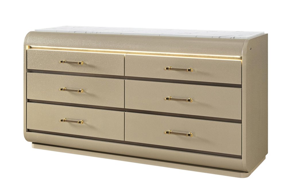 61" Gold Wood Lighted Six Drawer Double Dresser