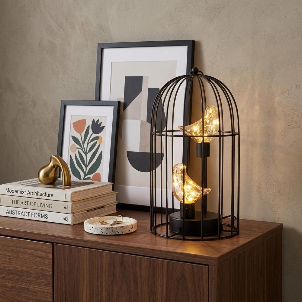 12" Black Novelty Animals Desk Lamp With Cage Shade