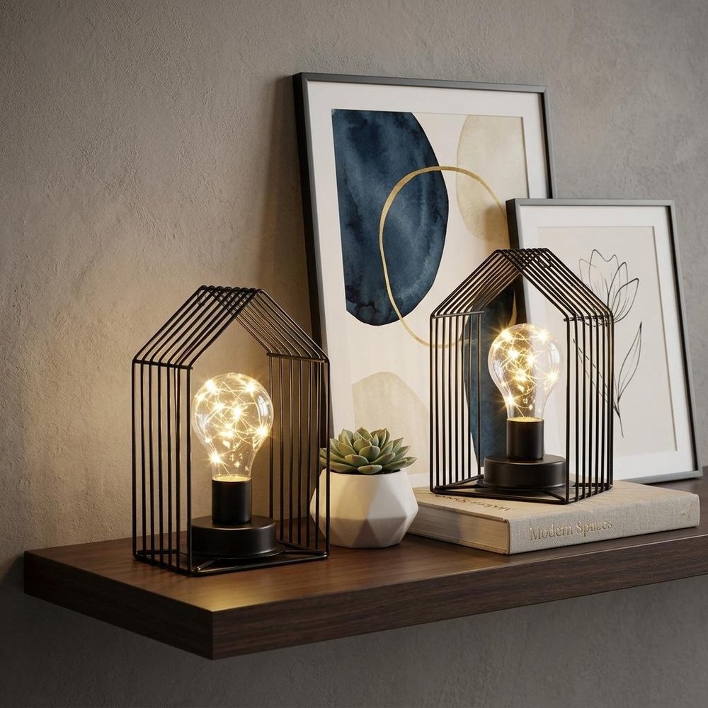 Set of Two 7" Black Novelty Desk Lamps With Cage Shades