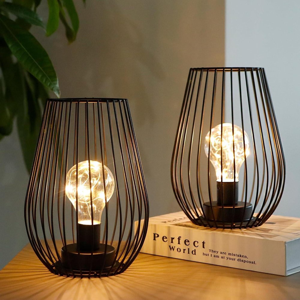 Set of Two 7" Black Metal Pierced Lantern Desk Lamps With Novelty Shades