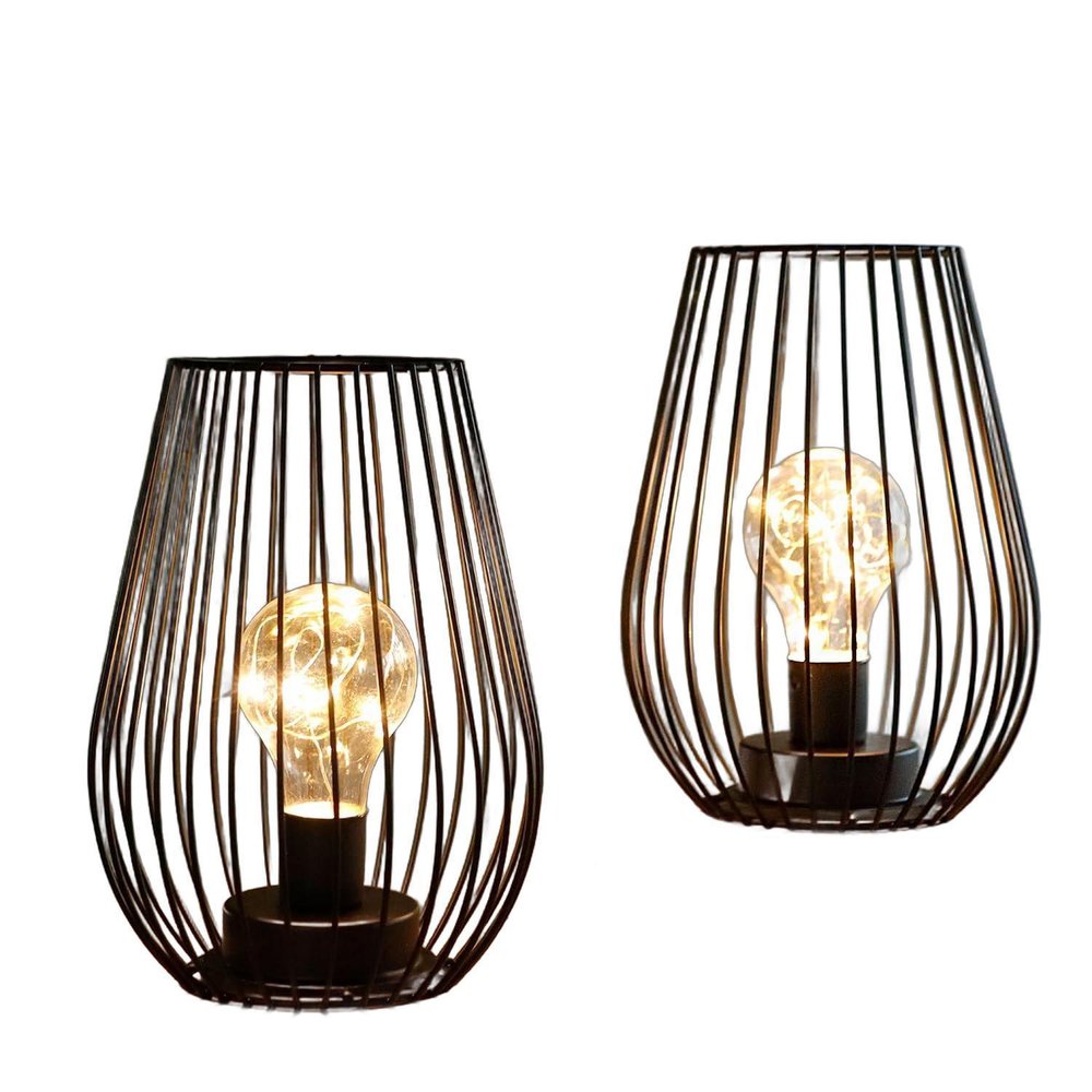 Set of Two 7" Black Metal Pierced Lantern Desk Lamps With Novelty Shades