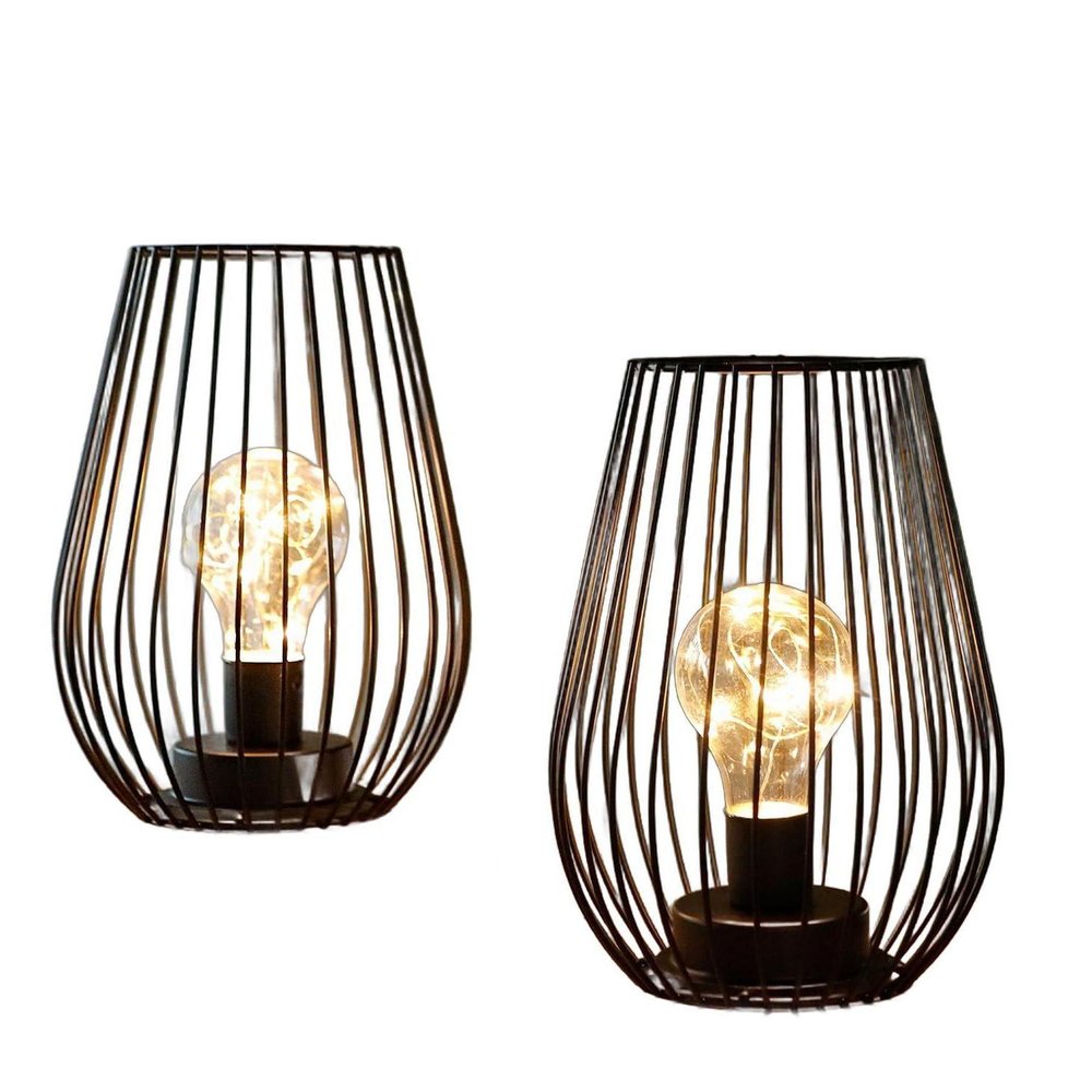 Set of Two 7" Black Metal Pierced Lantern Desk Lamps With Novelty Shades