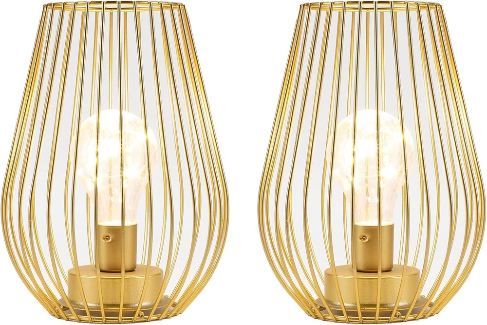Set of Two 8" Gold Teardrop Desk Lamps With Cage Shades