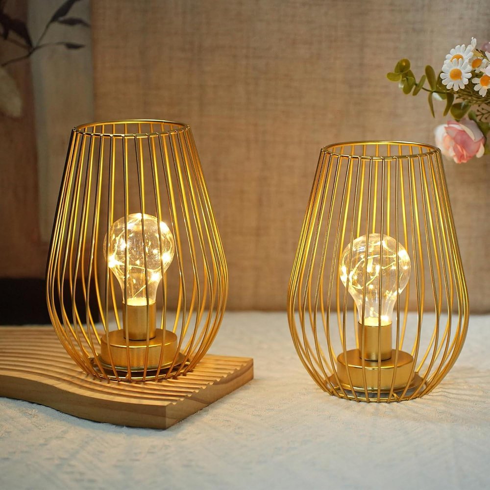 Set of Two 8" Gold Teardrop Desk Lamps With Cage Shades