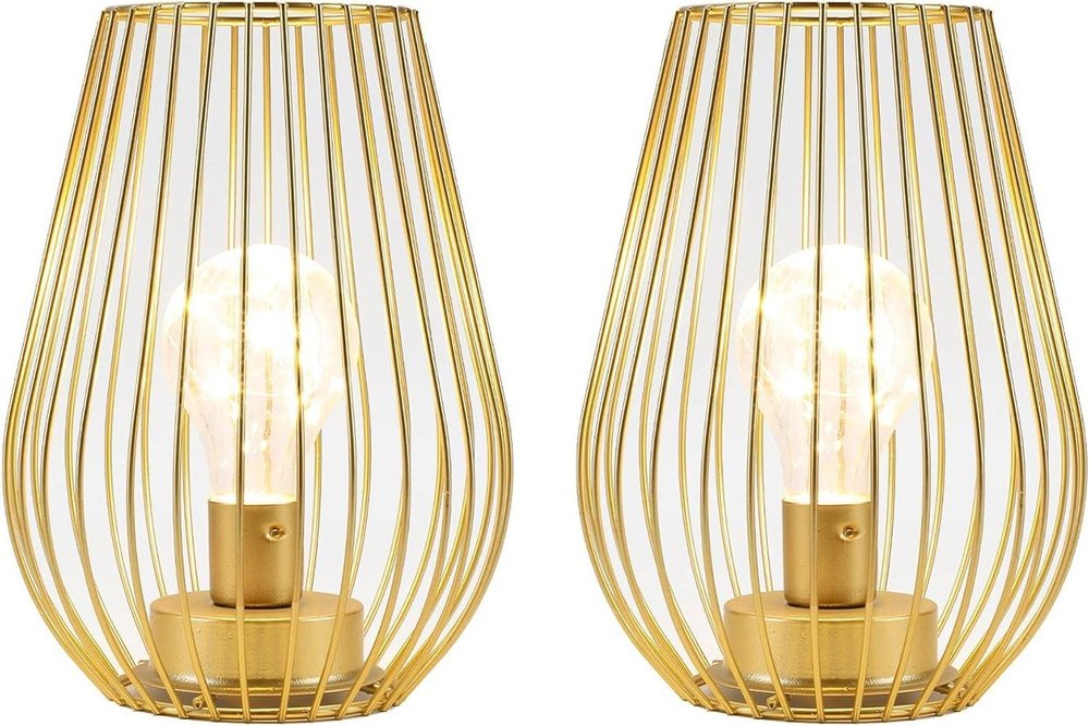 Set of Two 8" Gold Teardrop Desk Lamps With Cage Shades