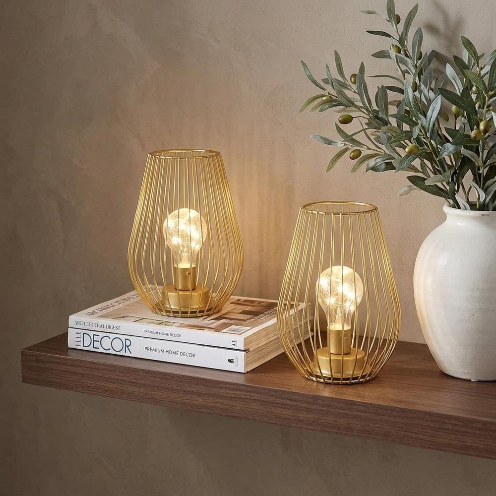 Set of Two 8" Gold Teardrop Desk Lamps With Cage Shades