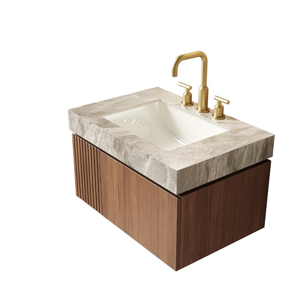 30" Brown Wood Floating Single Door Bathroom Vanity With White Sink