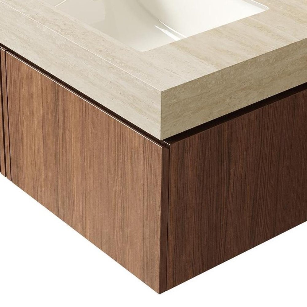 30" Brown Wood Floating Single Door Bathroom Vanity With White Sink