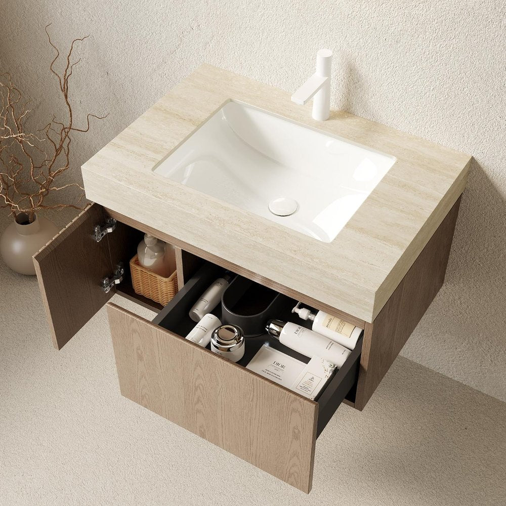 30" Brown Wood Floating Single Door Bathroom Vanity With White Sink