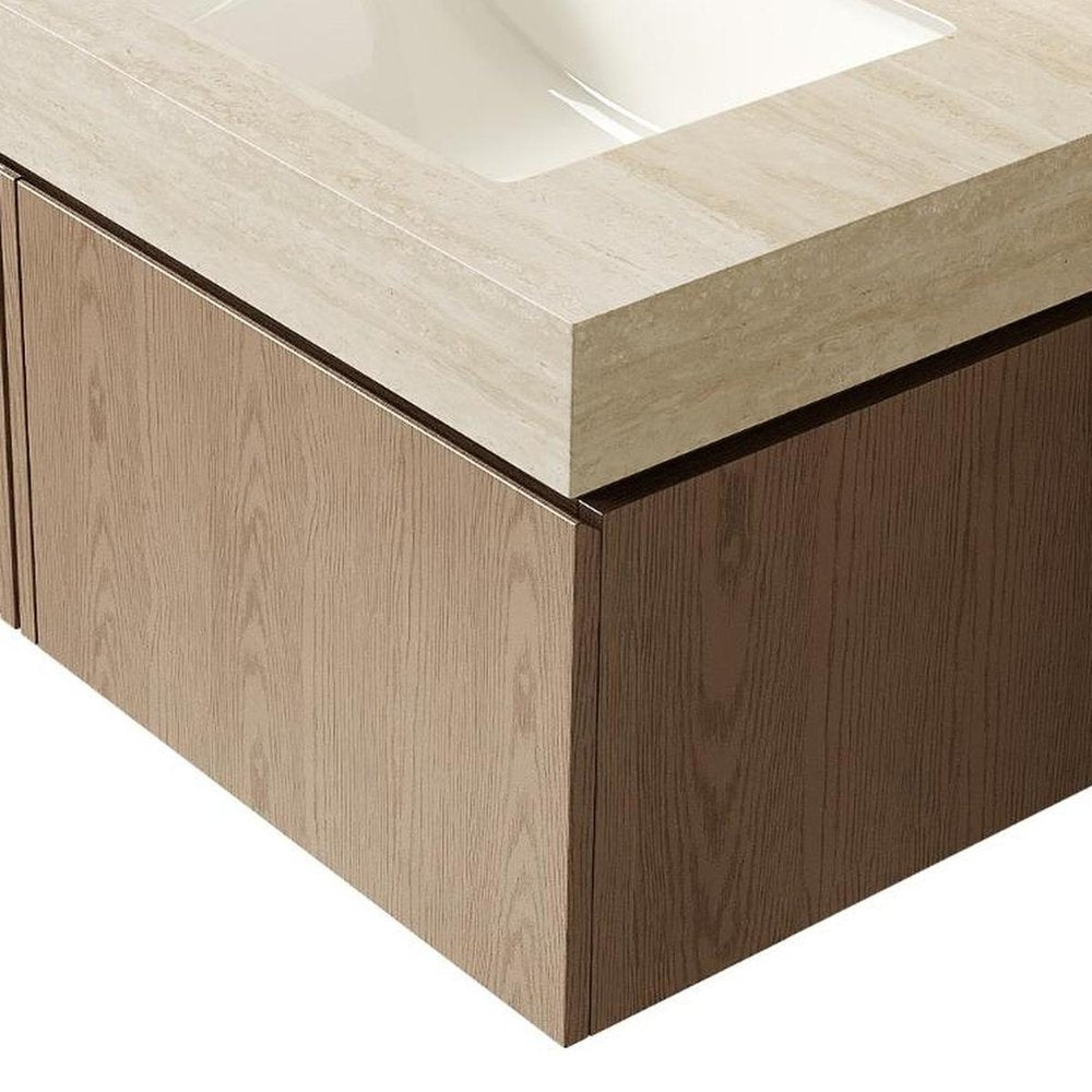30" Brown Wood Floating Single Door Bathroom Vanity With White Sink