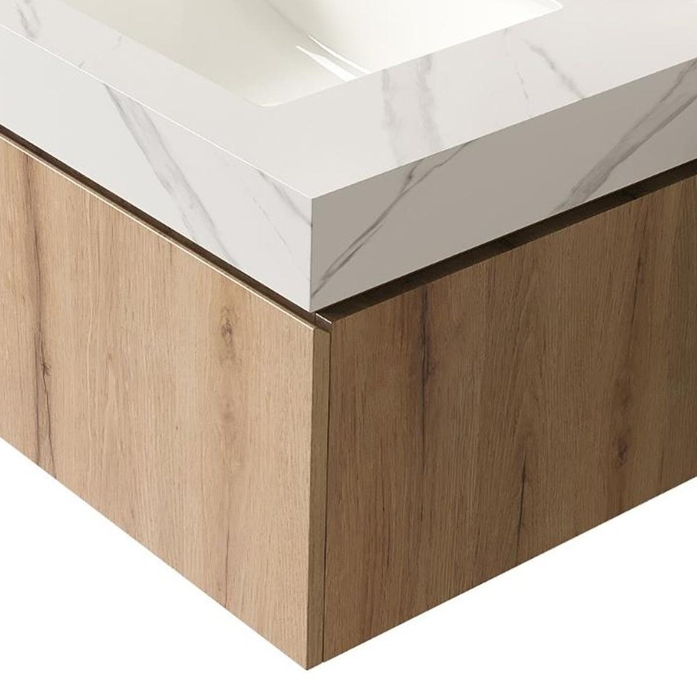 30" Brown Wood Floating Single Door Bathroom Vanity With White Sink