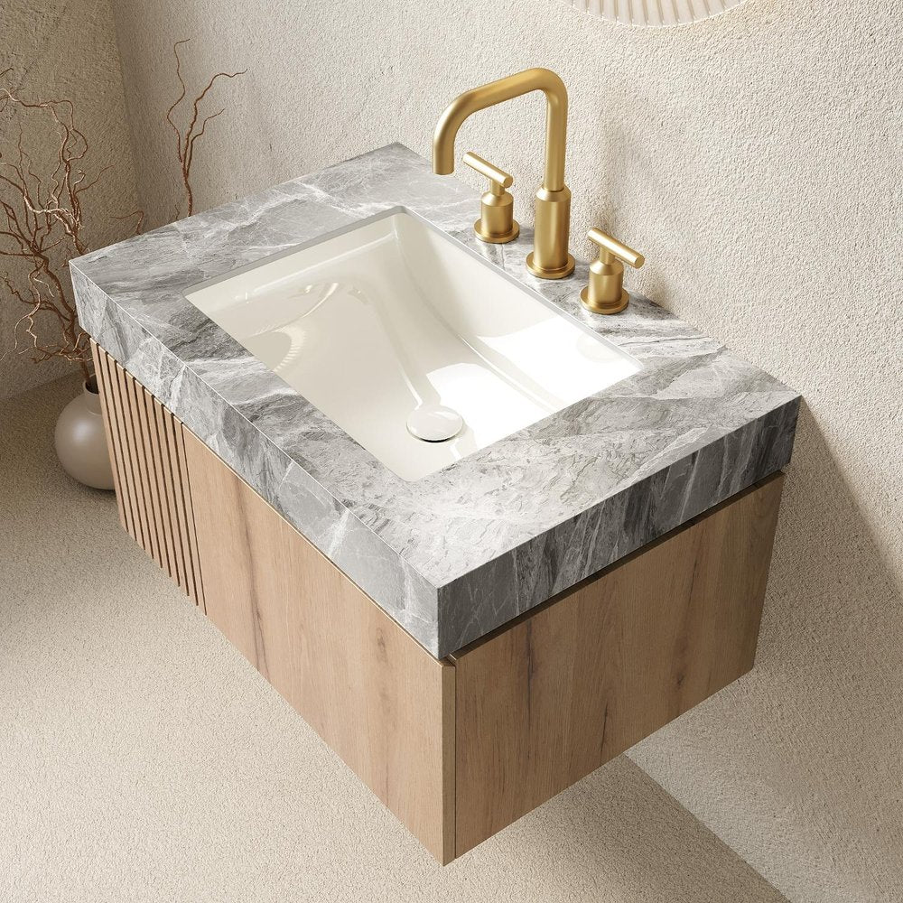 30" Brown Wood Floating Single Door Bathroom Vanity With White Sink