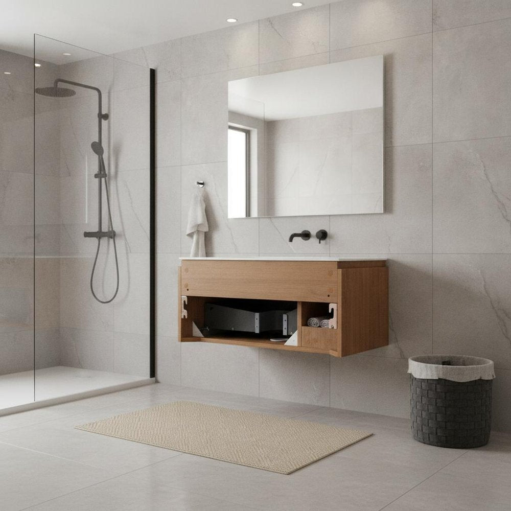 30" Brown Wood Floating Single Door Bathroom Vanity
