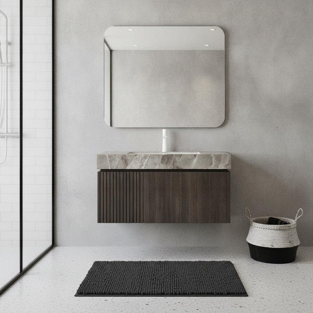 36" Brown Wood Floating Single Door Bathroom Vanity With White Sink