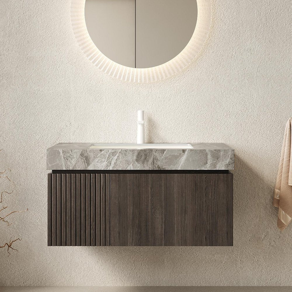 36" Brown Wood Floating Single Door Bathroom Vanity With White Sink