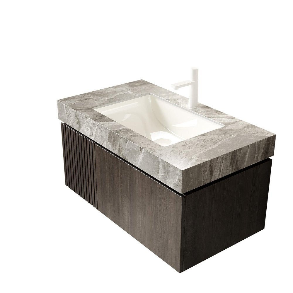 36" Brown Wood Floating Single Door Bathroom Vanity With White Sink