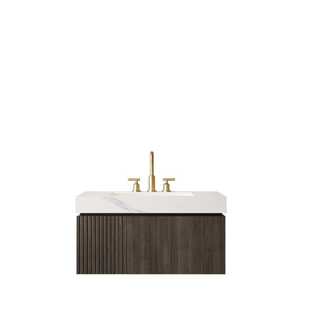36" Black Wood Floating Single Door Bathroom Vanity With White Sink