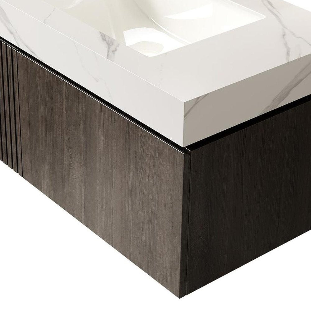 36" Black Wood Floating Single Door Bathroom Vanity With White Sink
