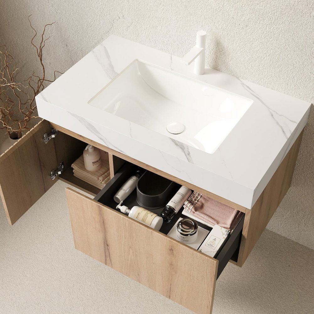 36" Brown Wood Floating Single Door Bathroom Vanity With White Sink