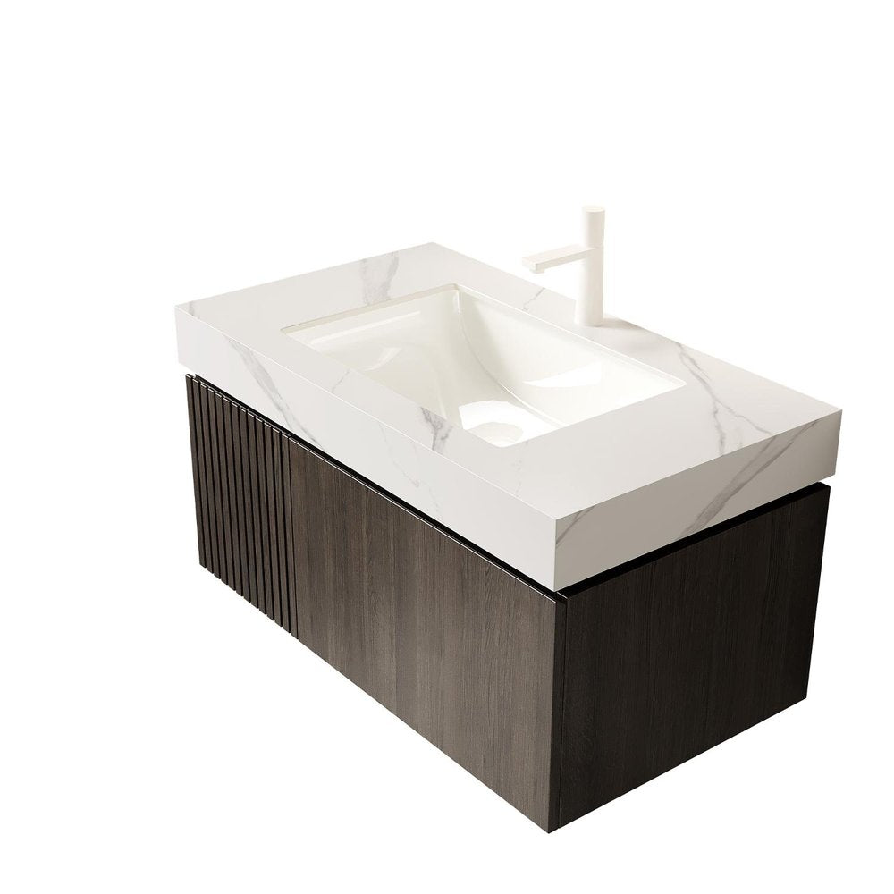 36" Brown Wood Floating Single Door Bathroom Vanity With White Sink
