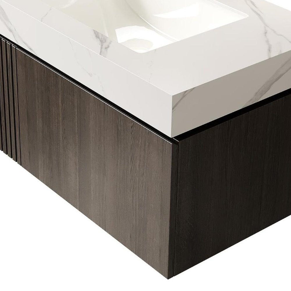 36" Brown Wood Floating Single Door Bathroom Vanity With White Sink