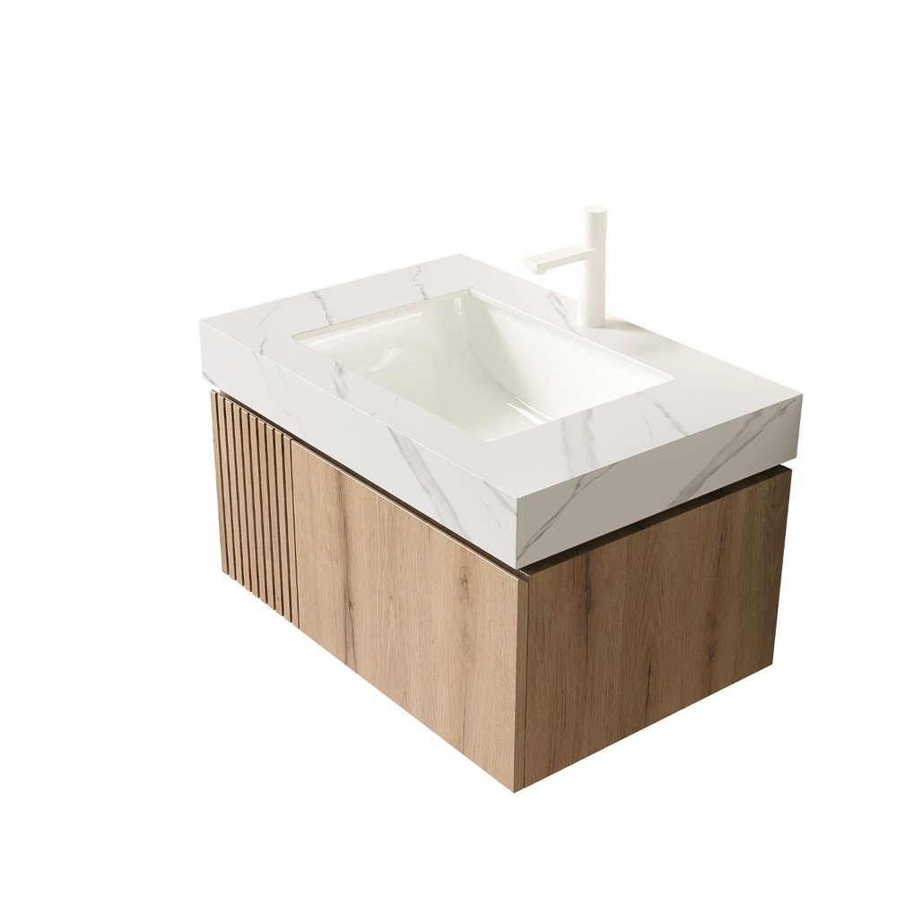 30" Brown Wood Floating Single Door Bathroom Vanity With White Sink