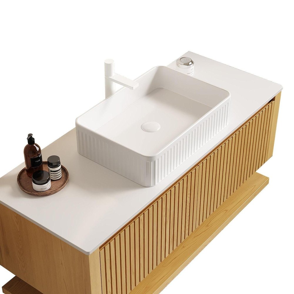 48" Brown Wood Floating Bathroom Vanity With White Sink And Two Drawers