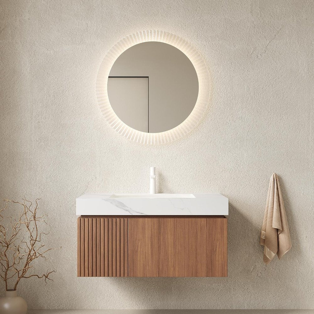 36" Brown Wood Floating Single Door Bathroom Vanity With White Sink