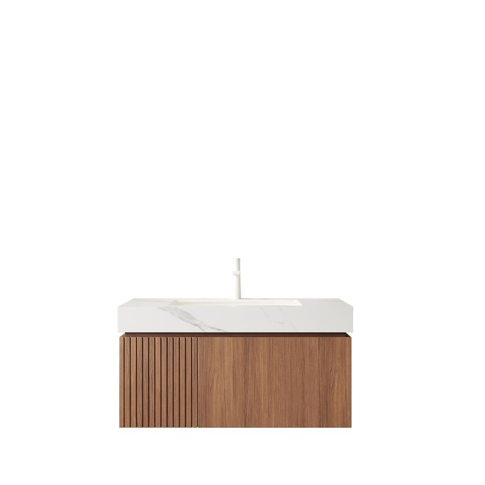 36" Brown Wood Floating Single Door Bathroom Vanity With White Sink