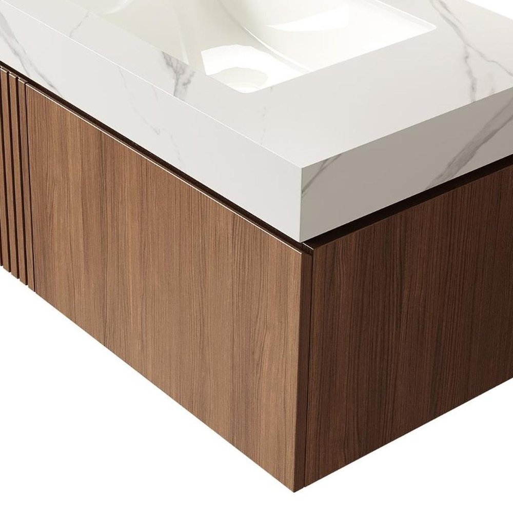 36" Brown Wood Floating Single Door Bathroom Vanity With White Sink